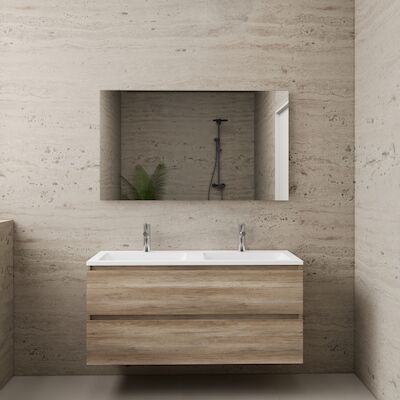 ACTIE BWS Badmeubel | Paris | Canyon Oak 120 cm | Hoogglans Wit Wastafel | 2 Kraangaten