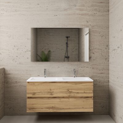 ACTIE BWS Badmeubel | Paris | Dakota Oak 120 cm | Hoogglans Wit Wastafel | 2 Kraangaten