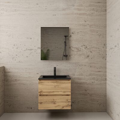 ACTIE BWS Badmeubel | Paris | Dakota Oak 60 cm | Mat Zwart Wastafel | 1 Kraangat