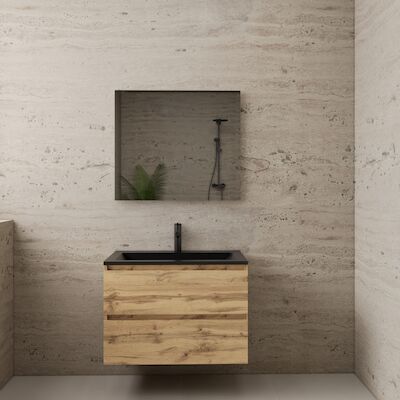ACTIE BWS Badmeubel | Paris | Dakota Oak 80 cm | Mat Zwart Wastafel | 1 Kraangat
