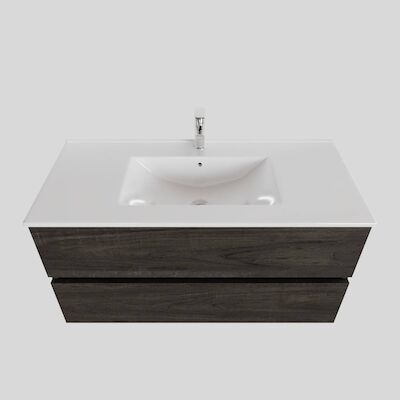 Badkamermeubel BWS Helsinki 100x46cm Keramiek Midden Wood Dark Brown 2 Laden (1 kraangat)
