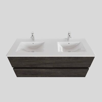 Badkamermeubel BWS Helsinki 120x46cm Keramiek Dubbel Wood Dark Brown 2 Laden (2 kraangaten)