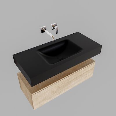 Badkamermeubel BWS Ibiza 100 cm Washed Oak Solid Surface Wastafel Mat Zwart (zes varianten)