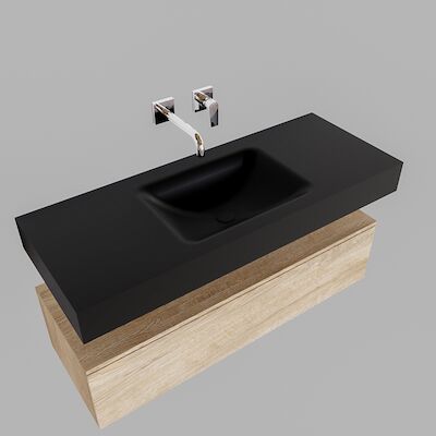 Badkamermeubel BWS Ibiza 120 cm Washed Oak Solid Surface Wastafel Mat Zwart (acht varianten)