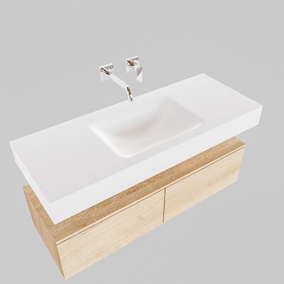 Badkamermeubel BWS Ibiza 120 cm Washed Oak Twee Soft-Close Lades Solid Surface Wastafel Mat Wit (acht varianten)