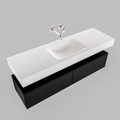 Badkamermeubel BWS Ibiza 150 cm Solid Surface Mat Zwart Twee Soft-Close Lades Wastafel Mat Wit (acht varianten)