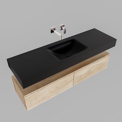 Badkamermeubel BWS Ibiza 150 cm Washed Oak Twee Soft-Close Lades Solid Surface Wastafel Mat Zwart (acht varianten)