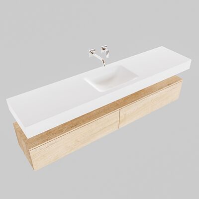 Badkamermeubel BWS Ibiza 200 cm Washed Oak Twee Soft-Close Lades Solid Surface Wastafel Mat Wit (acht varianten)