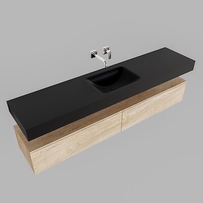 Badkamermeubel BWS Ibiza 200 cm Washed Oak Twee Soft-Close Lades Solid Surface Wastafel Mat Zwart (acht varianten)