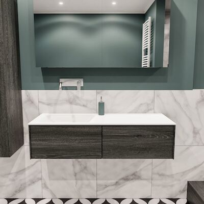 Badkamermeubel BWS Madrid Antraciet 120x45x30 cm Mat Witte Solid Surface Wastafel Links (0 kraangaten, 2 lades)