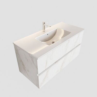 Badkamermeubel BWS Madrid Carrara Mat 100 cm Keramische Wastafel (1 kraangat, 2 lades)