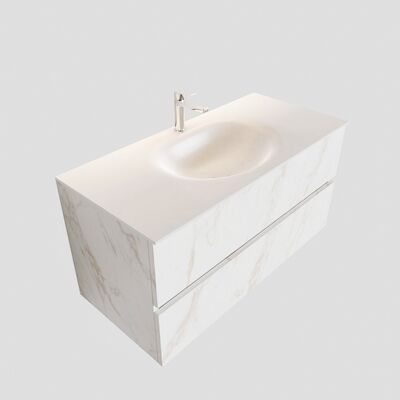 Badkamermeubel BWS Madrid Carrara Mat 100 cm Solid Surface Wastafel (1 kraangat, 2 lades)