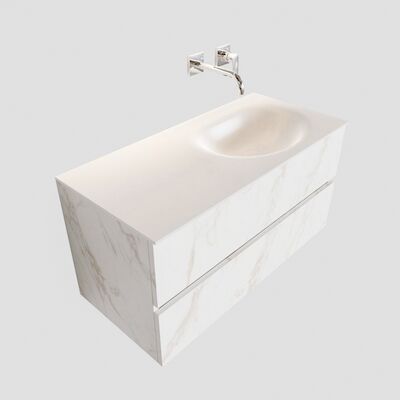 Badkamermeubel BWS Madrid Carrara Mat 100 cm Solid Surface Wastafel Rechts (0 kraangaten, 2 lades)