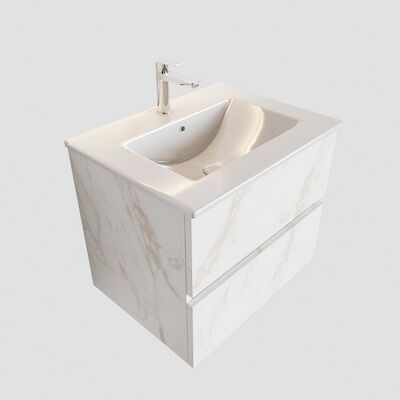 Badkamermeubel BWS Madrid Carrara Mat 60 cm Keramische Wastafel (1 kraangat, 2 lades)