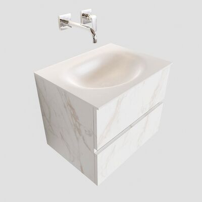 Badkamermeubel BWS Madrid Carrara Mat 60 cm Solid Surface Wastafel (0 kraangaten, 2 lades)
