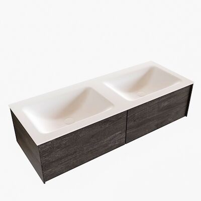 Badkamermeubel BWS Madrid Dark Brown 120x45x30 cm Mat Witte Solid Surface Wastafel Dubbel (2 lades, 2 kraangaten)