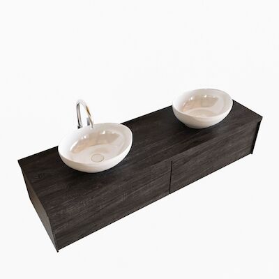 Badkamermeubel BWS Madrid Dark Brown 150 cm met Topblad en Keramische Waskom Rechts (2 lades, 2 kraangaten)