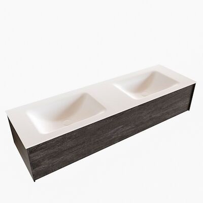 Badkamermeubel BWS Madrid Dark Brown 150x45x30 cm Mat Witte Solid Surface Wastafel Dubbel (2 kraangaten)