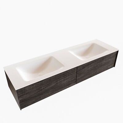 Badkamermeubel BWS Madrid Dark Brown 150x45x30 cm Mat Witte Solid Surface Wastafel Dubbel (2 lades, 0 kraangaten)