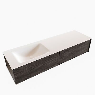 Badkamermeubel BWS Madrid Dark Brown 150x45x30 cm Mat Witte Solid Surface Wastafel Links (2 lades, 0 kraangaten)
