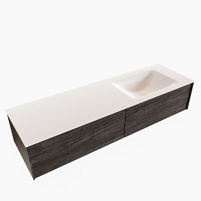 Badkamermeubel BWS Madrid Dark Brown 150x45x30 cm Mat Witte Solid Surface Wastafel Rechts (2 lades, 0 kraangaten)