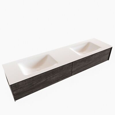 Badkamermeubel BWS Madrid Dark Brown 180x45x30 cm Mat Witte Solid Surface Wastafel Dubbel (2 lades, 0 kraangaten)