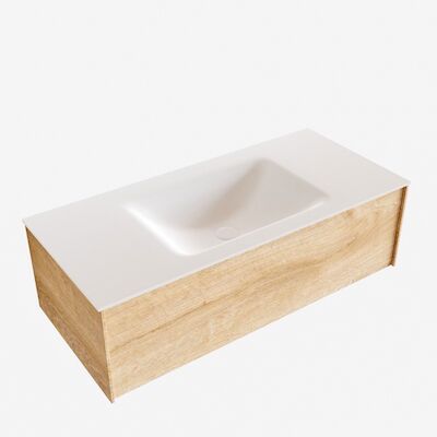 Badkamermeubel BWS Madrid Washed Oak 100x45x30 cm Mat Witte Solid Surface Wastafel (0 kraangaten)