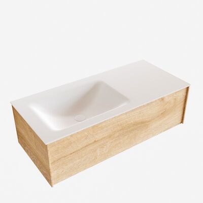 Badkamermeubel BWS Madrid Washed Oak 100x45x30 cm Mat Witte Solid Surface Wastafel Links (0 kraangaten)