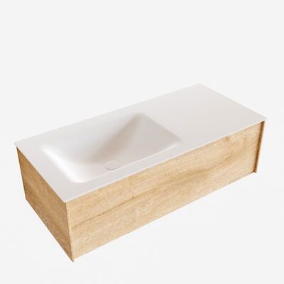 Badkamermeubel BWS Madrid Washed Oak 100x45x30 cm Mat Witte Solid Surface Wastafel Links (1 kraangat)