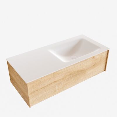 Badkamermeubel BWS Madrid Washed Oak 100x45x30 cm Mat Witte Solid Surface Wastafel Rechts (0 kraangaten)