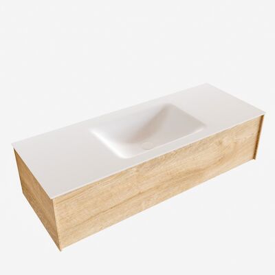 Badkamermeubel BWS Madrid Washed Oak 120x45x30 cm Mat Witte Solid Surface Wastafel (0 kraangaten)