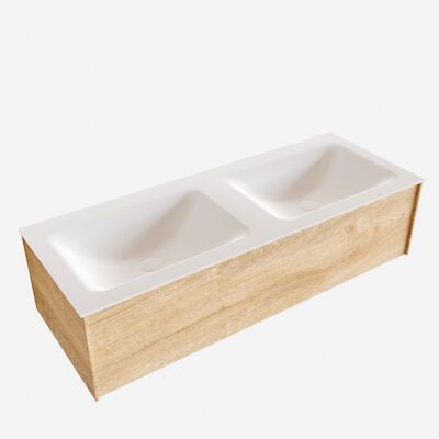Badkamermeubel BWS Madrid Washed Oak 120x45x30 cm Mat Witte Solid Surface Wastafel Dubbel (0 kraangaten)