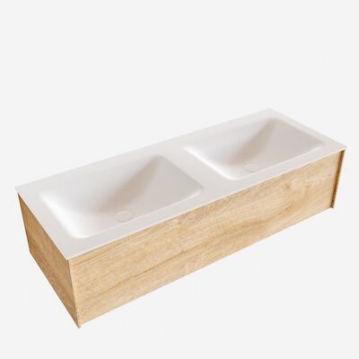 Badkamermeubel BWS Madrid Washed Oak 120x45x30 cm Mat Witte Solid Surface Wastafel Dubbel (2 kraangaten)