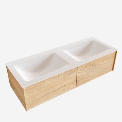 Badkamermeubel BWS Madrid Washed Oak 120x45x30 cm Mat Witte Solid Surface Wastafel Dubbel (2 lades, 0 kraangaten)