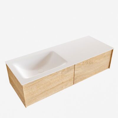 Badkamermeubel BWS Madrid Washed Oak 120x45x30 cm Mat Witte Solid Surface Wastafel Links (2 lades, 1 kraangat)
