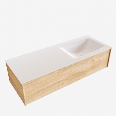 Badkamermeubel BWS Madrid Washed Oak 120x45x30 cm Mat Witte Solid Surface Wastafel Rechts (1 kraangat)