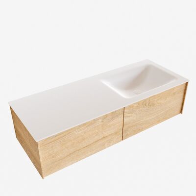 Badkamermeubel BWS Madrid Washed Oak 120x45x30 cm Mat Witte Solid Surface Wastafel Rechts (2 lades, 1 kraangat)