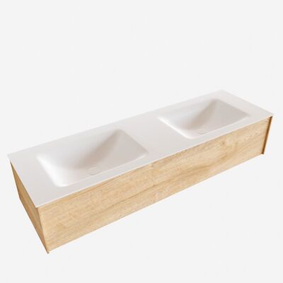 Badkamermeubel BWS Madrid Washed Oak 150x45x30 cm Mat Witte Solid Surface Wastafel Dubbel (0 kraangaten)