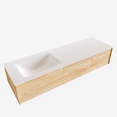 Badkamermeubel BWS Madrid Washed Oak 150x45x30 cm Mat Witte Solid Surface Wastafel Links (0 kraangaten)