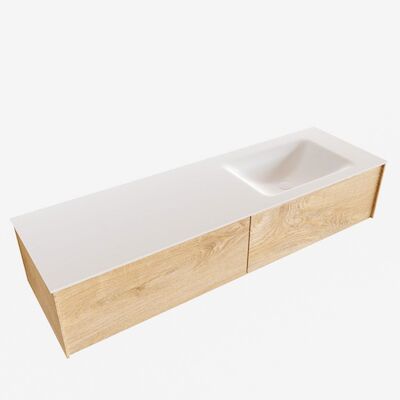 Badkamermeubel BWS Madrid Washed Oak 150x45x30 cm Mat Witte Solid Surface Wastafel Rechts (2 lades, 0 kraangaten)