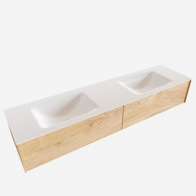 Badkamermeubel BWS Madrid Washed Oak 180x45x30 cm Mat Witte Solid Surface Wastafel Dubbel (2 lades, 2 kraangaten)