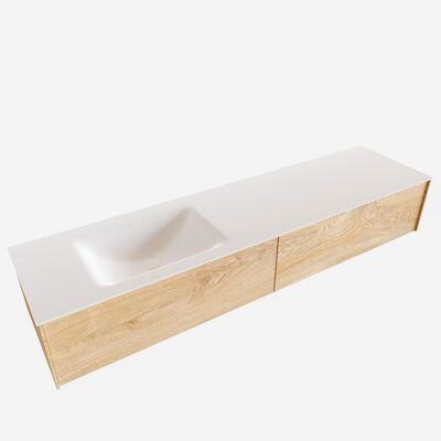 Badkamermeubel BWS Madrid Washed Oak 180x45x30 cm Mat Witte Solid Surface Wastafel Links (2 lades, 1 kraangat)