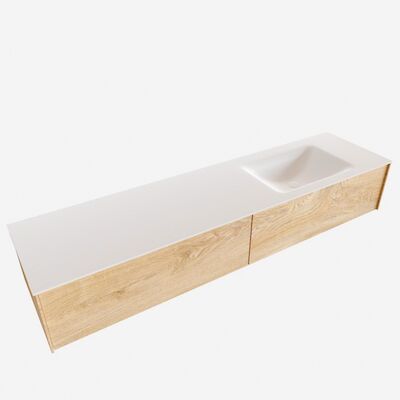 Badkamermeubel BWS Madrid Washed Oak 180x45x30 cm Mat Witte Solid Surface Wastafel Rechts (2 lades, 1 kraangat)
