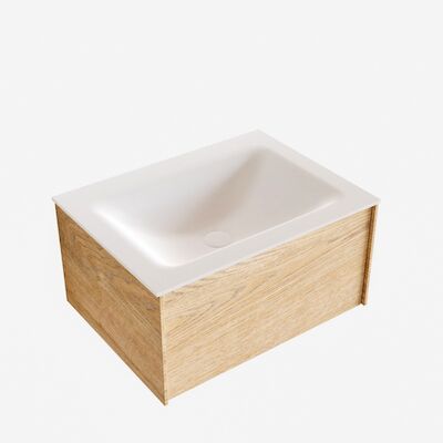 Badkamermeubel BWS Madrid Washed Oak 60x45x30 cm Mat Witte Solid Surface Wastafel (1 kraangat)