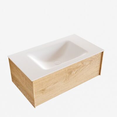 Badkamermeubel BWS Madrid Washed Oak 80x45x30 cm Mat Witte Solid Surface Wastafel (0 kraangaten)