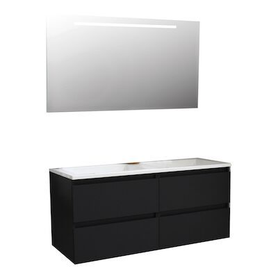 Badkamermeubel BWS Pepper Acryl Wastafel Incl Spiegel Met LED Verlichting Met 2 Kraangaten 120x55x46 cm Mat Zwart