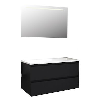 Badkamermeubel BWS Pepper Acryl Wastafel Incl Spiegel Met LED Verlichting Zonder Kraangat 100x55x46 cm Mat Zwart