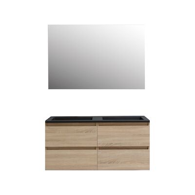 Badkamermeubel BWS Pepper Acryl Wastafel Mat Zwart Incl Spiegel Met 2 Kraangaten 120x55x46 cm Eiken