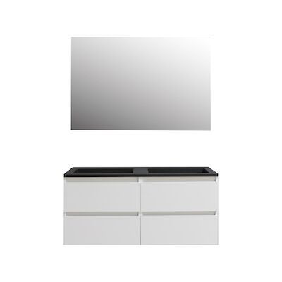 Badkamermeubel BWS Pepper Acryl Wastafel Mat Zwart Incl Spiegel Met 2 Kraangaten 120x55x46 cm Wit