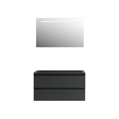 Badkamermeubel BWS Pepper Acryl Wastafel Mat Zwart Incl Spiegel Met LED Verlichting Met 2 Kraangaten 100x55x46 cm Antraciet